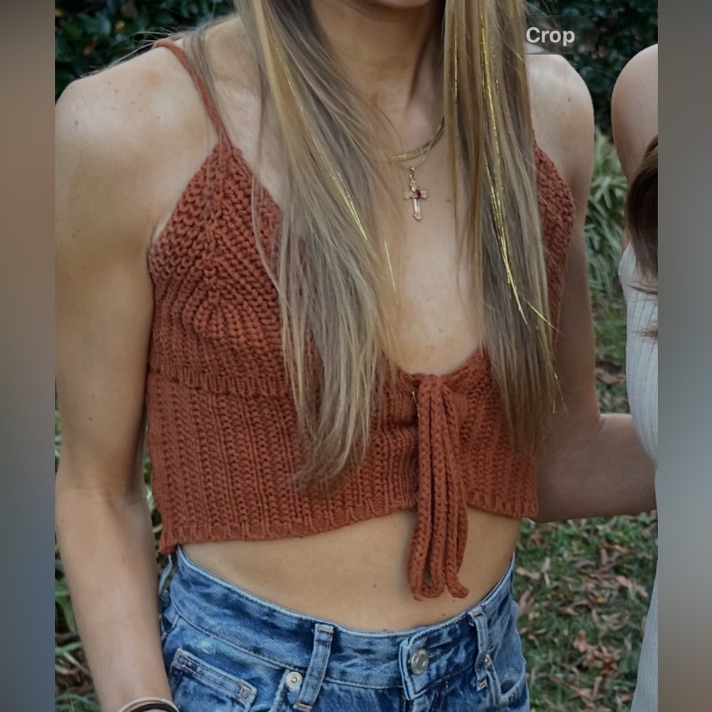 Rust Knit Tie-Front Crop Top - Women